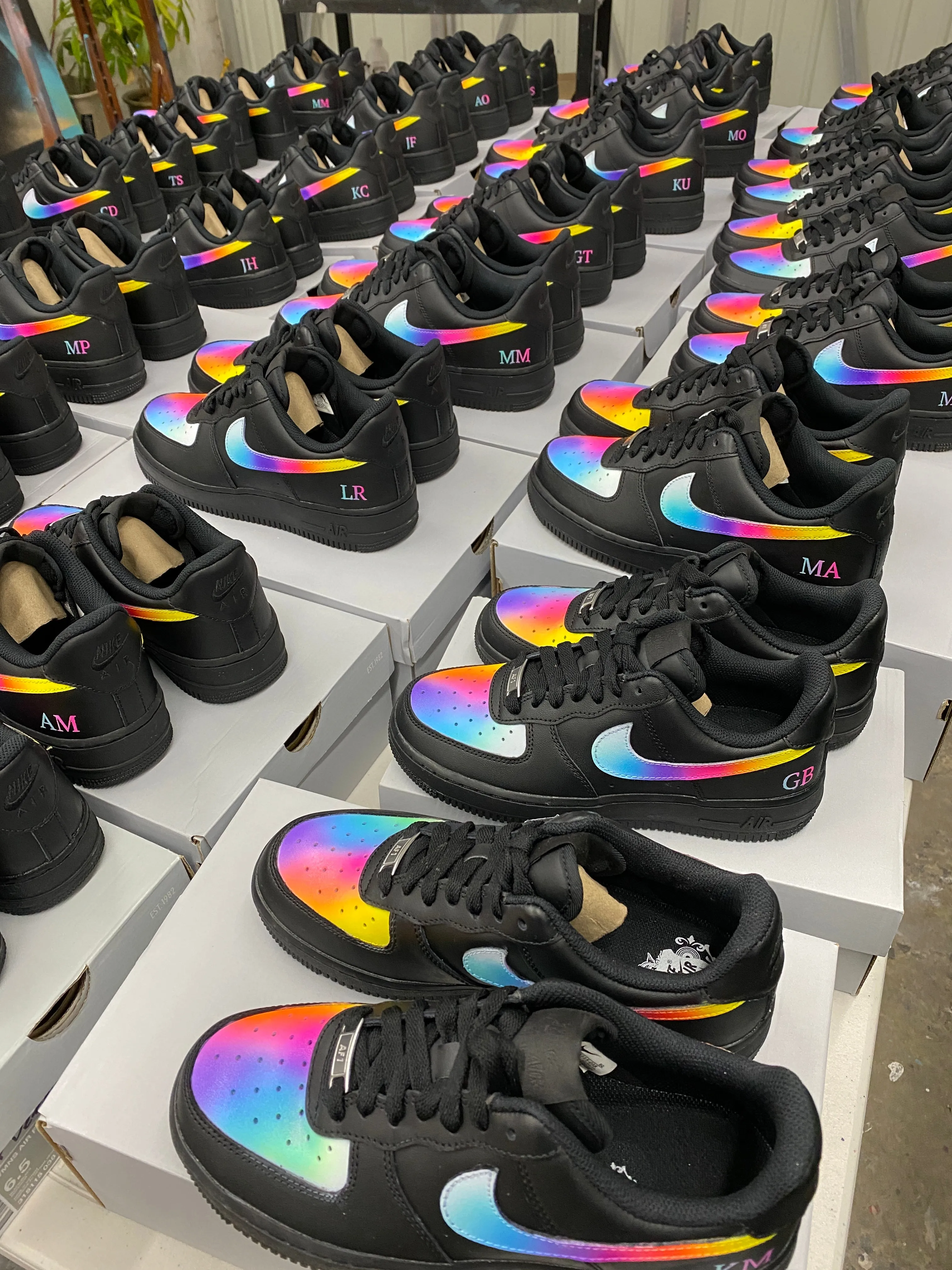 32 Custom Black Nike AF1 Low Sneakers - Hand Painted with Sinful Colors and Initials - Personalized Order.