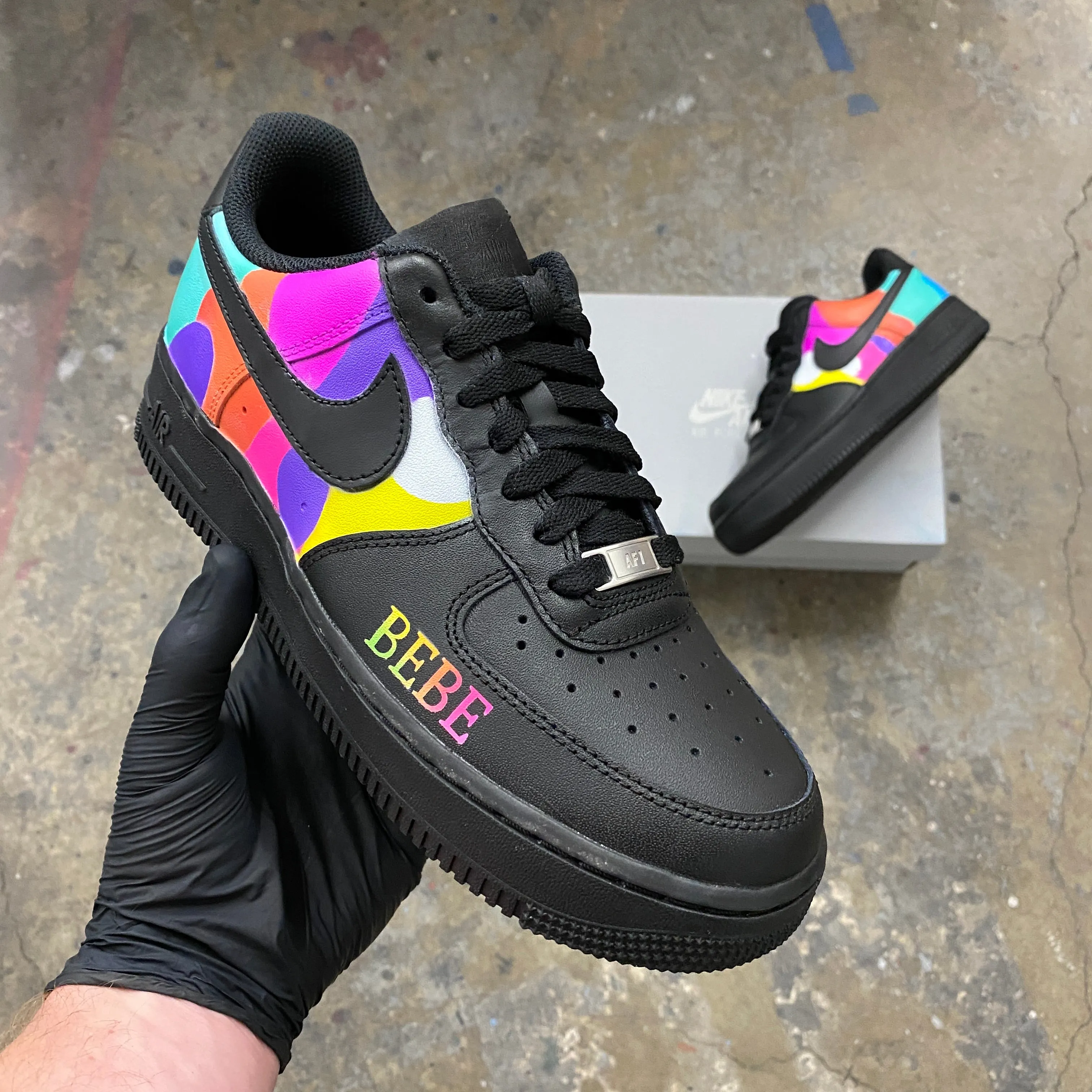 32 Custom Black Nike AF1 Low Sneakers - Hand Painted with Sinful Colors and Initials - Personalized Order.