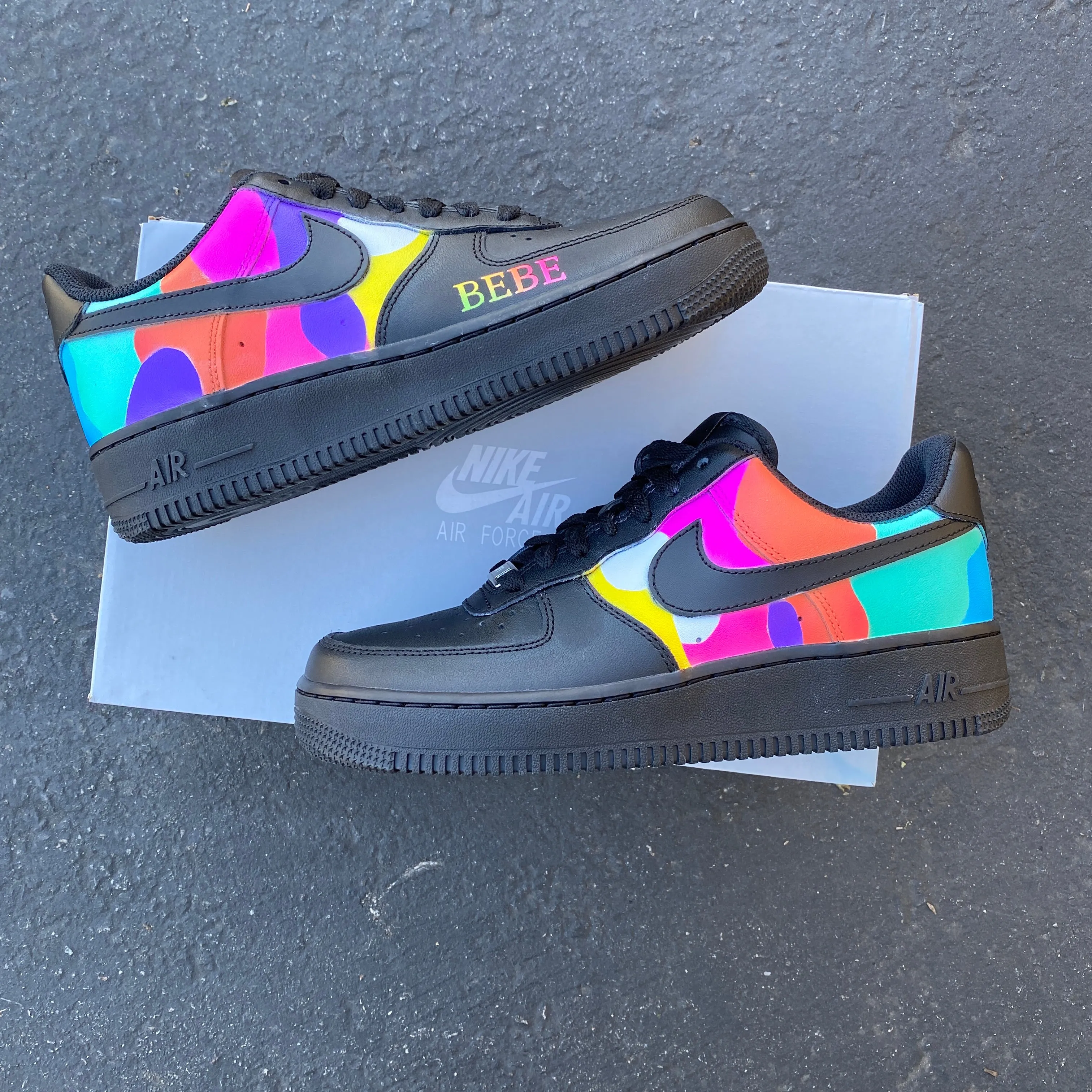 32 Custom Black Nike AF1 Low Sneakers - Hand Painted with Sinful Colors and Initials - Personalized Order.