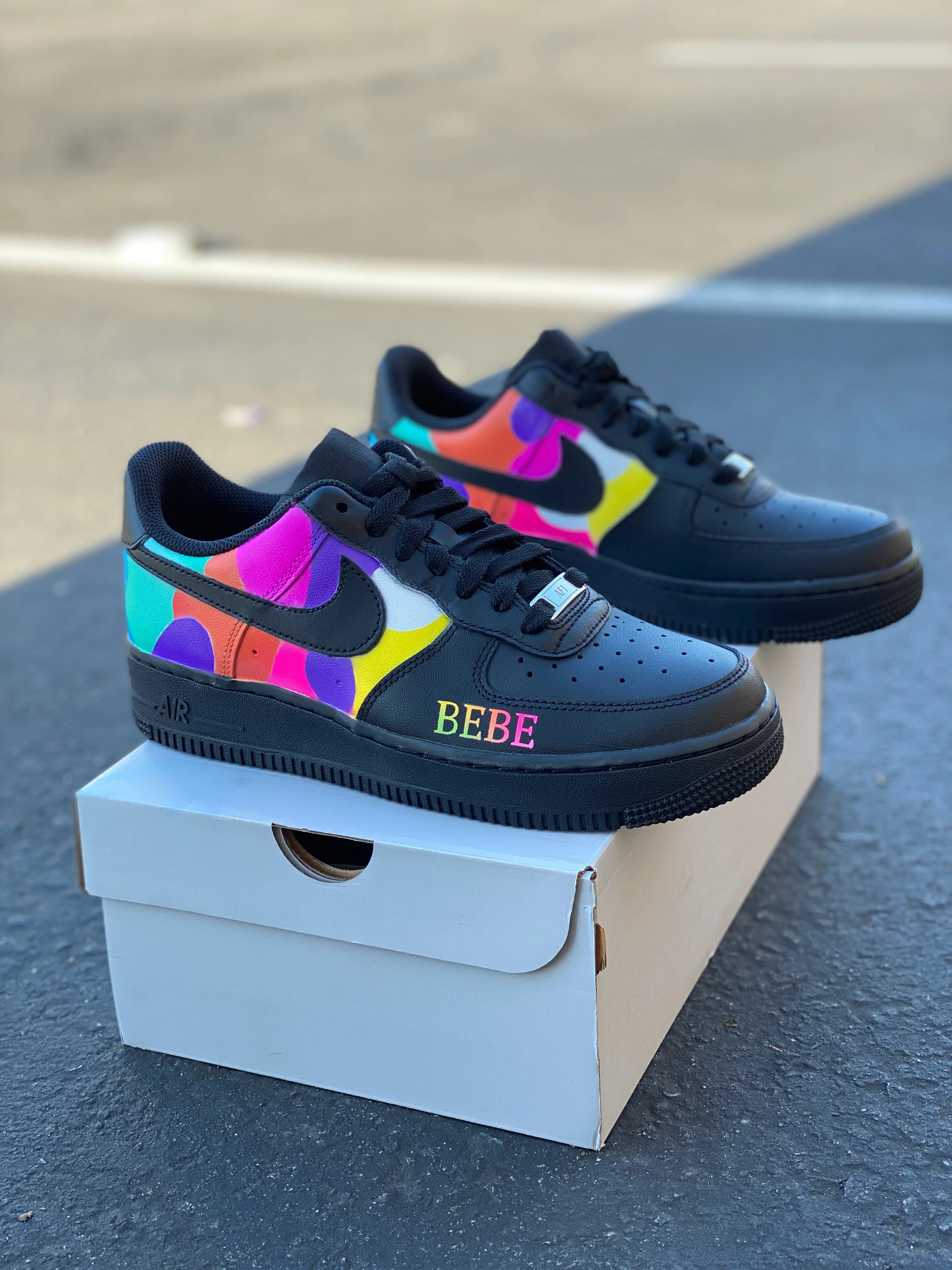 32 Custom Black Nike AF1 Low Sneakers - Hand Painted with Sinful Colors and Initials - Personalized Order.