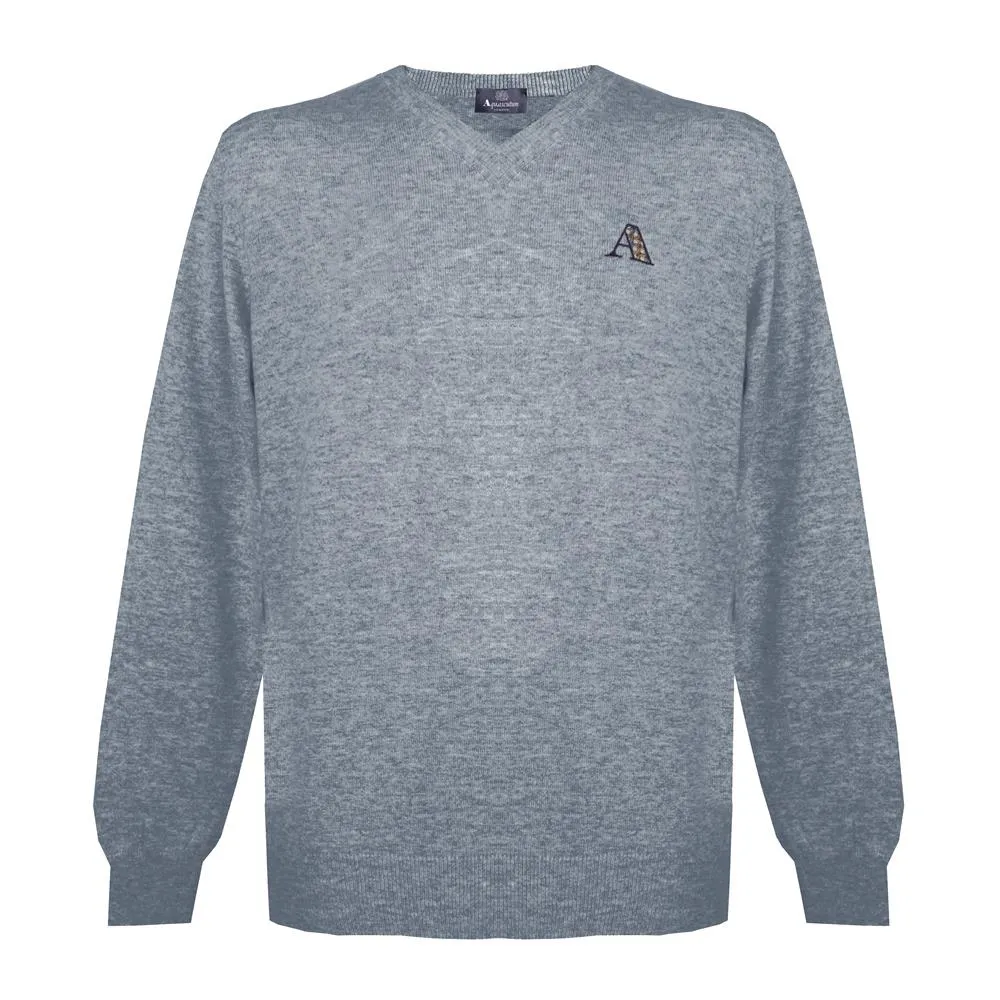 Aquascutum Mens Long Sleeved/V-Neck Knitwear Jumper with Logo in Light Grey