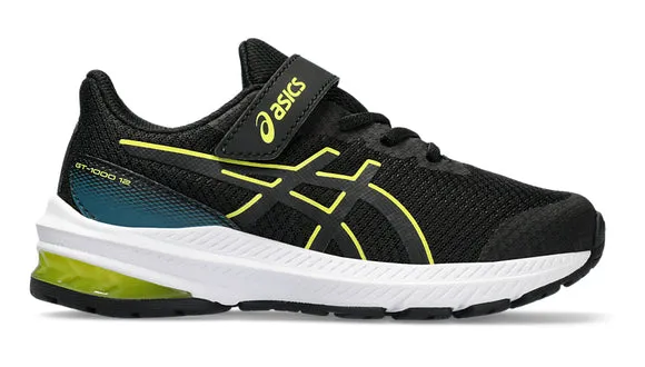 Asics Gt-1000 12 PS black and bright yellow kids shoes.