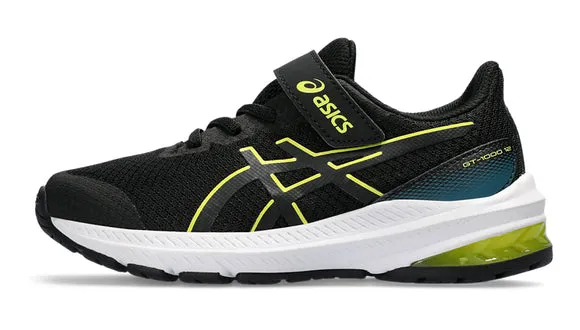 Asics Gt-1000 12 PS black and bright yellow kids shoes.