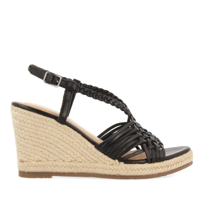 BLACK LEATHER SANDALS WITH STRAPS AND HIGH JUTE WEDGE FOR WOMEN GLIDE