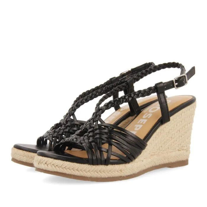 BLACK LEATHER SANDALS WITH STRAPS AND HIGH JUTE WEDGE FOR WOMEN GLIDE