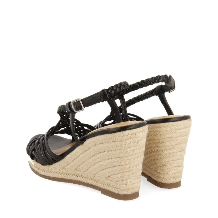 BLACK LEATHER SANDALS WITH STRAPS AND HIGH JUTE WEDGE FOR WOMEN GLIDE