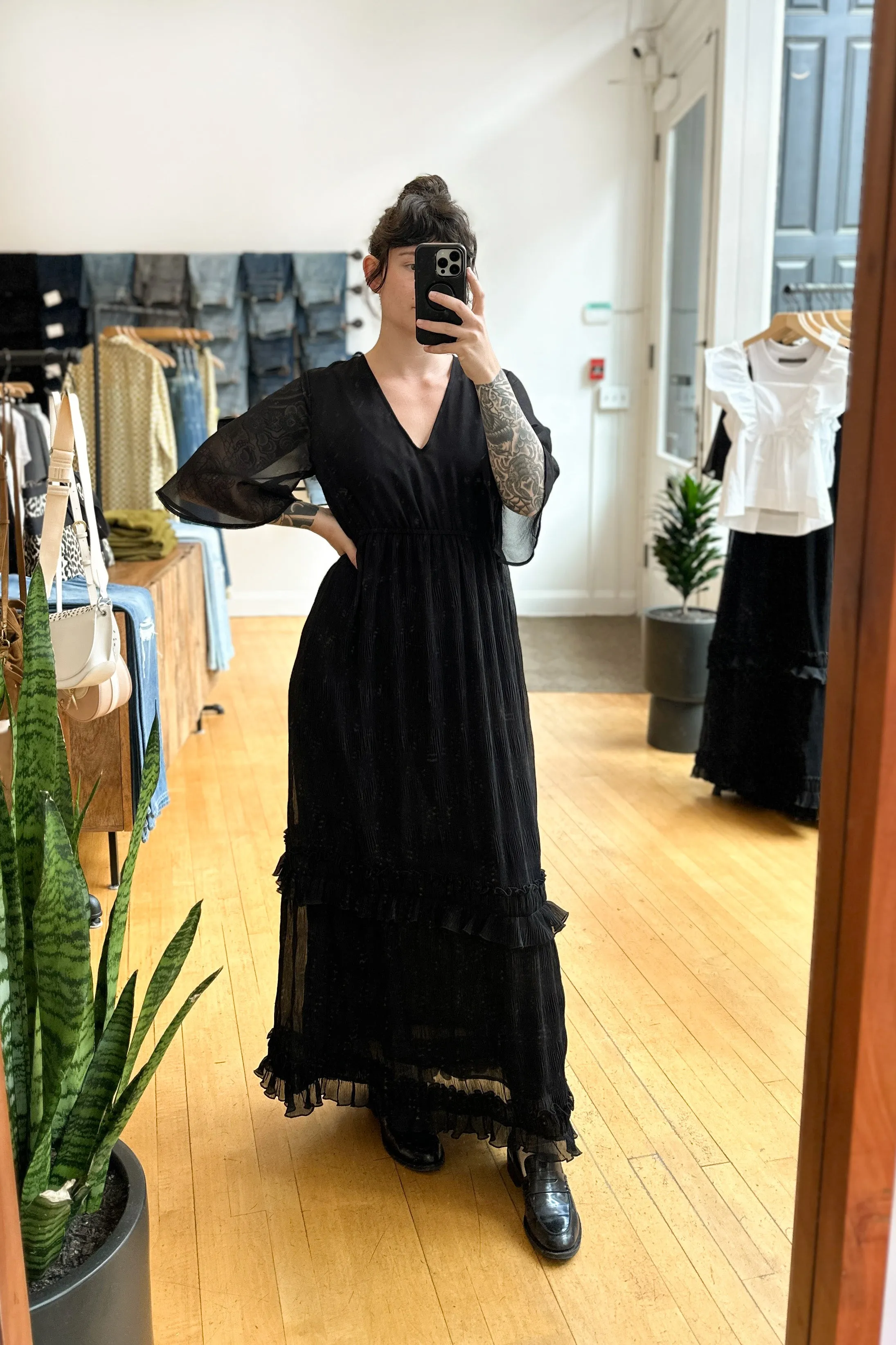 Black Maxi Dress in Pleated Georgette