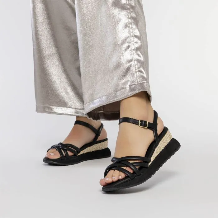 BLACK WEDGE SANDALS WITH TUBULAR STRAPS FOR WOMEN PERMET