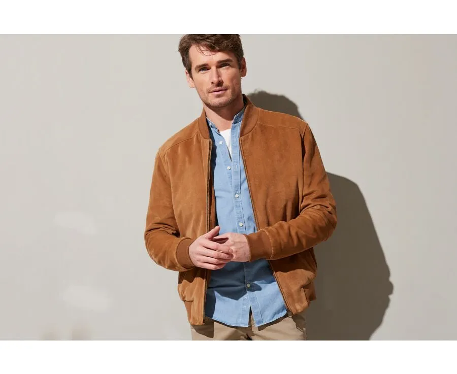 Caramel Suede Leather Jacket - SEAN: On-trend caramel suede leather jacket for men - SEAN