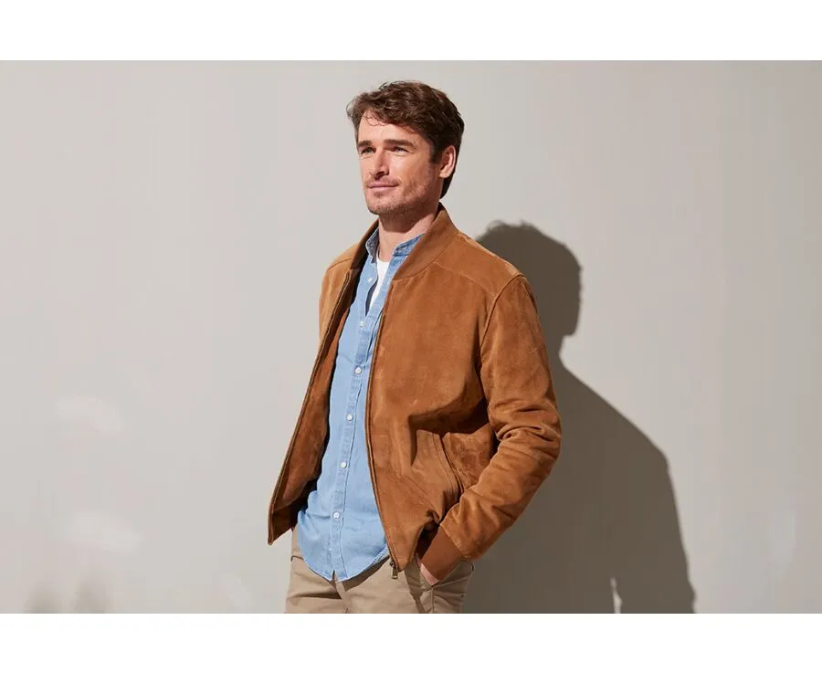 Caramel Suede Leather Jacket - SEAN: On-trend caramel suede leather jacket for men - SEAN