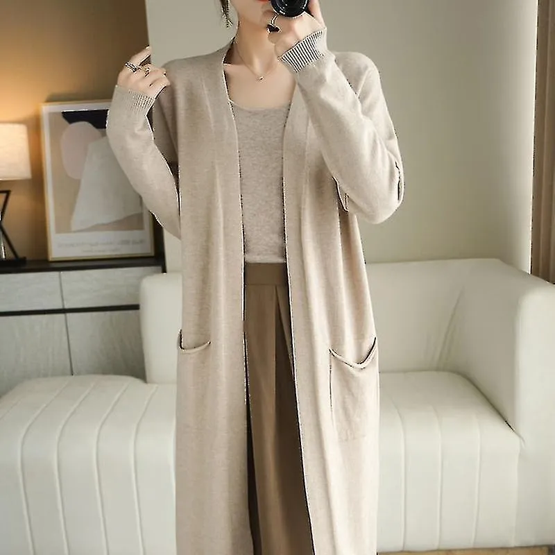 Casual cashmere cardigans for women, long knitted sweater coat with V-neck for autumn and winter.