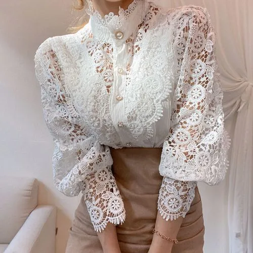 Casual Solid Color Long Sleeve Hollow Out Blouse