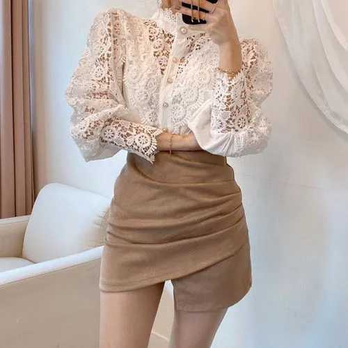 Casual Solid Color Long Sleeve Hollow Out Blouse