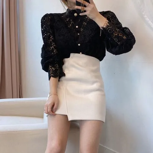 Casual Solid Color Long Sleeve Hollow Out Blouse