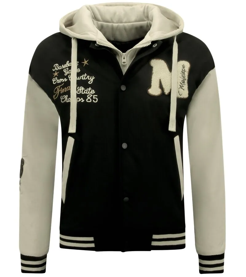 Classic Oversized Baseball Jacket with Hood -8632- Black