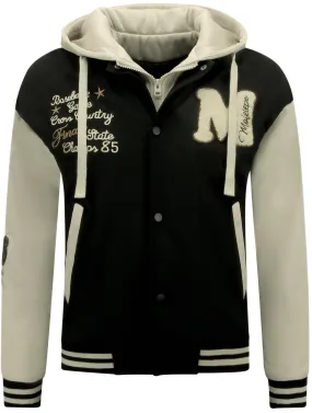 Classic Oversized Baseball Jacket with Hood -8632- Black