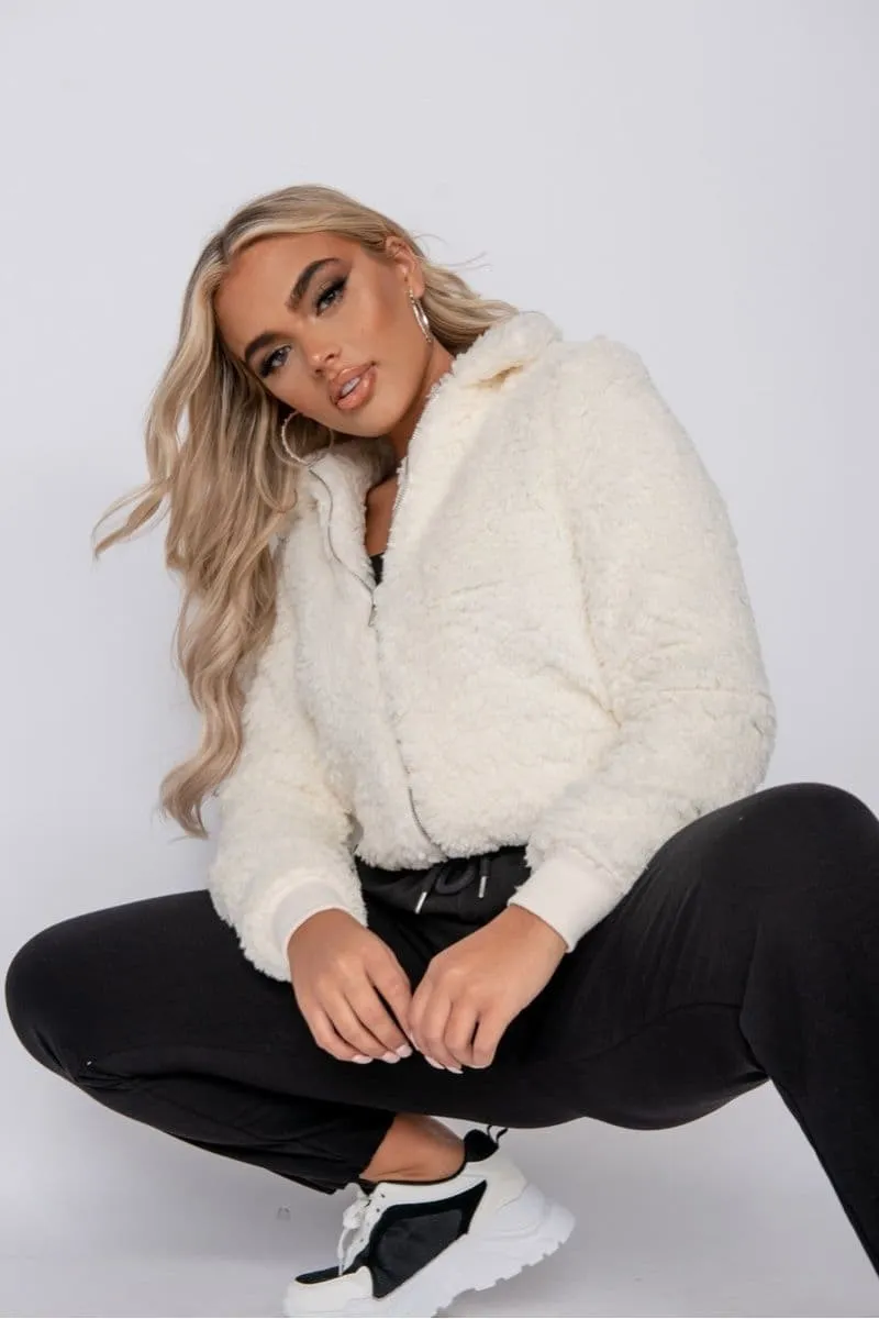 Cream Borg Fur Zip Front Bomber Jacket