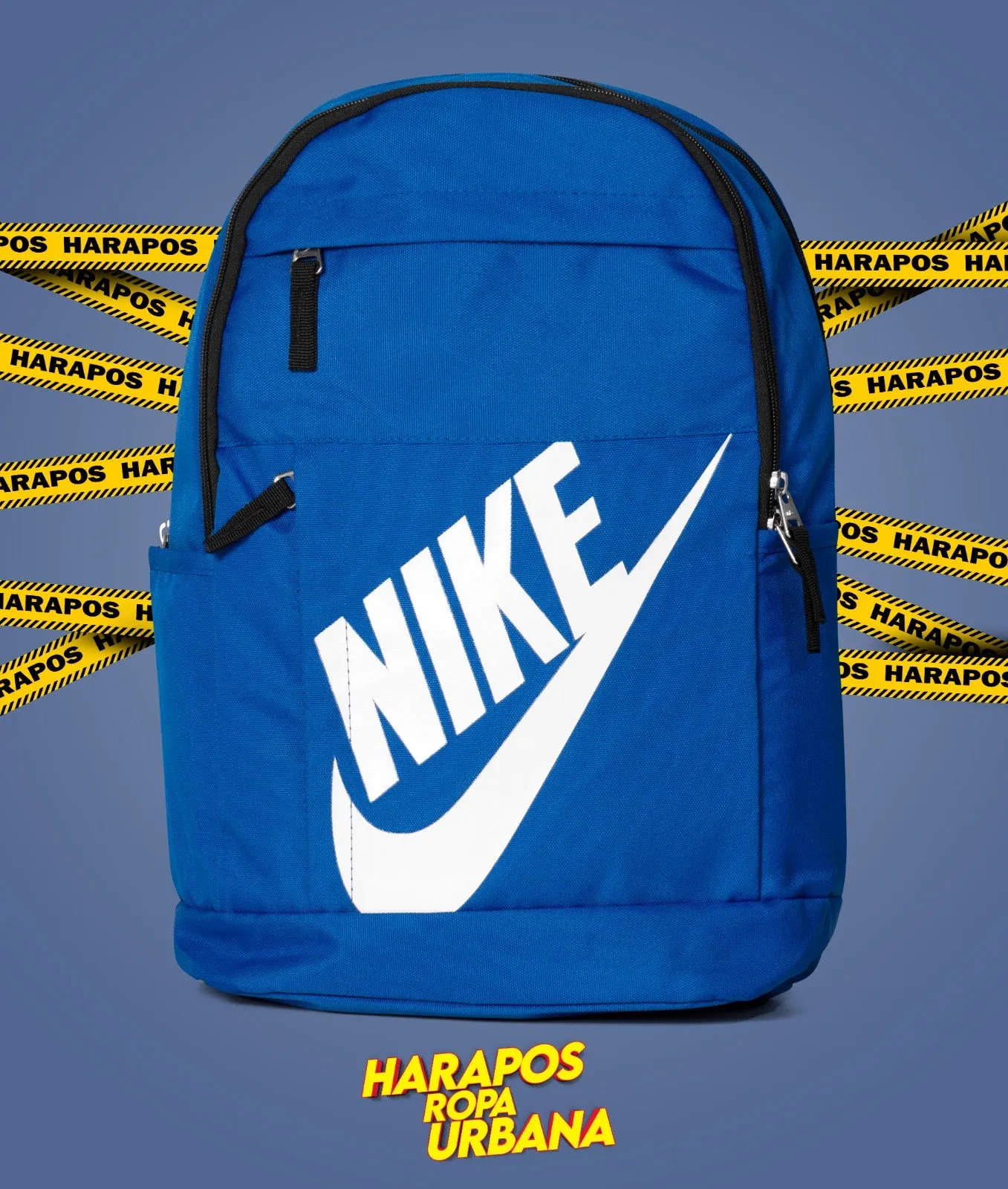 Electric blue Nike backpack with top pocket and white lettering.