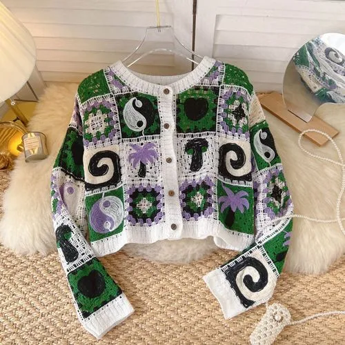 Ethnic Style Color Block Cotton Blend V Neck Long Sleeve Regular Sleeve Hollow Out Knitwear