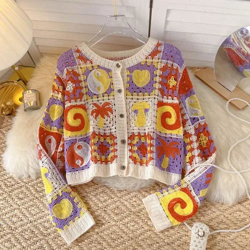 Ethnic Style Color Block Cotton Blend V Neck Long Sleeve Regular Sleeve Hollow Out Knitwear