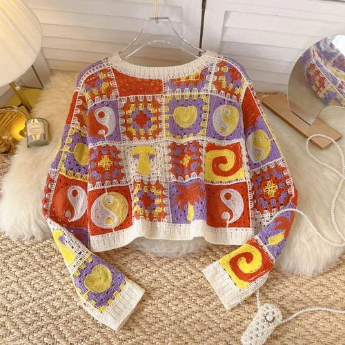 Ethnic Style Color Block Cotton Blend V Neck Long Sleeve Regular Sleeve Hollow Out Knitwear