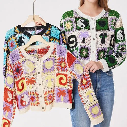 Ethnic Style Color Block Cotton Blend V Neck Long Sleeve Regular Sleeve Hollow Out Knitwear