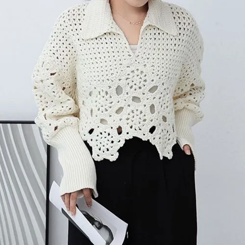 Fashion Solid Color Cotton Blend V Neck Long Sleeve Bishop Sleeve Hollow Out Knitwear