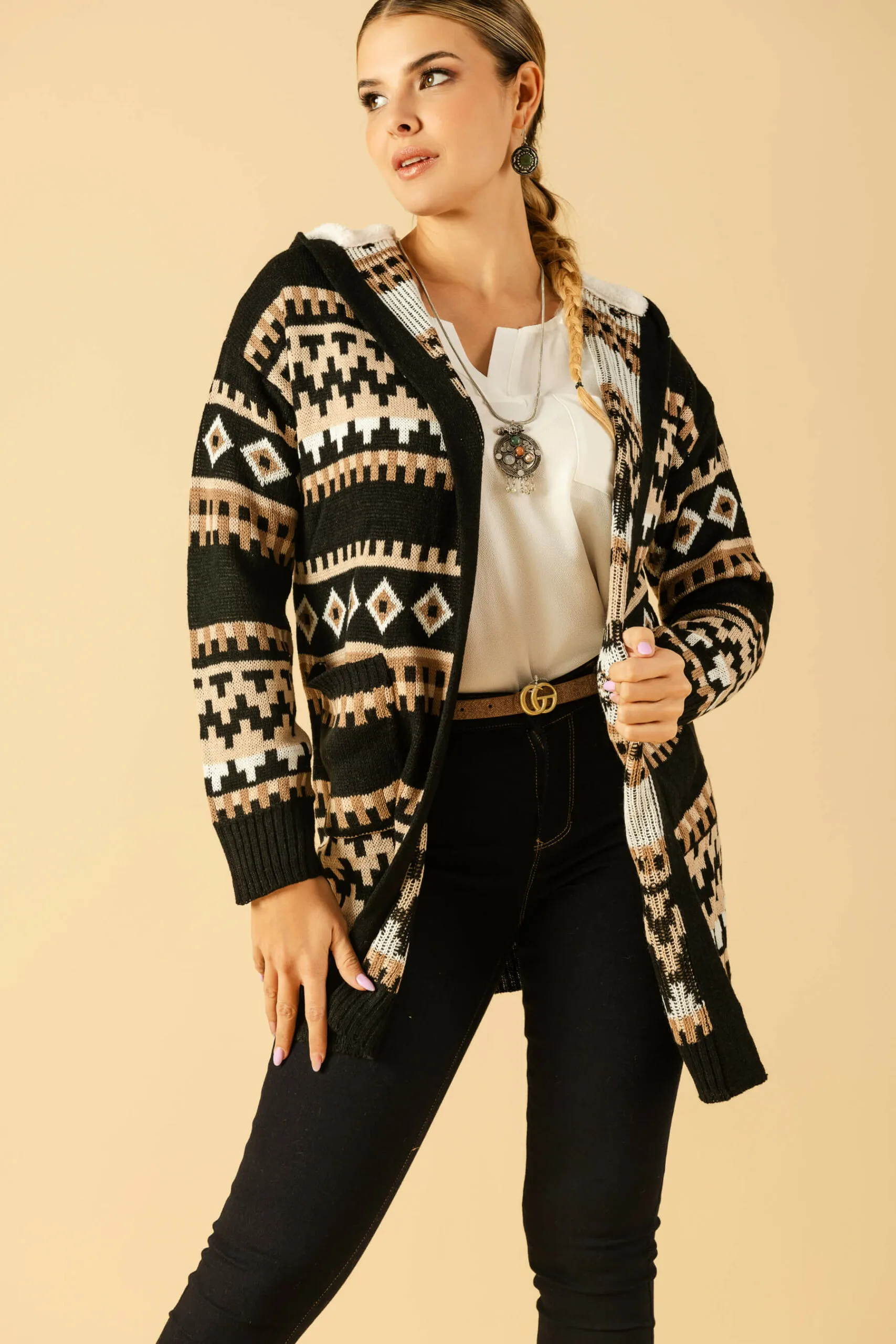 Hooded cardigan with Aztec print.