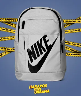 Nike backpack with clear lead color and black letters on top pocket.