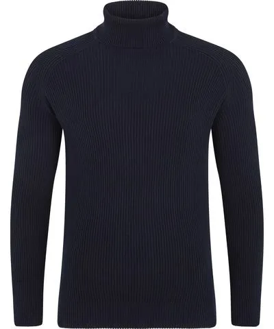 Paul James Knitwear Blue Mens Midweight Cotton Bernard Ribbed Roll Neck Jumper