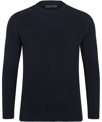 Paul James Knitwear Blue Mens Midweight Cotton Logan Ribbed Crew Neck Jumper