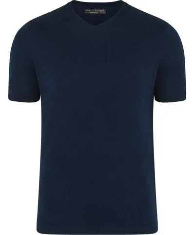 Paul James Knitwear Blue Mens Superfine Mercerised Cotton Adriano V Neck Knitted T-Shirt