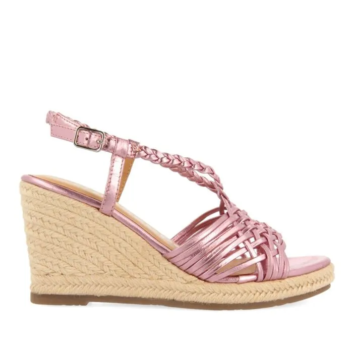 PINK LEATHER SANDALS WITH STRAPS AND HIGH JUTE WEDGE FOR WOMEN GLIDE