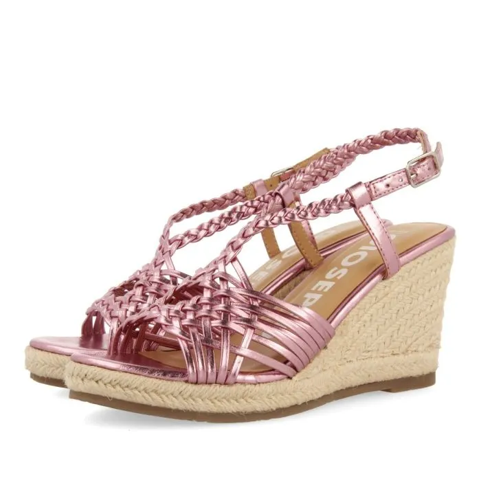 PINK LEATHER SANDALS WITH STRAPS AND HIGH JUTE WEDGE FOR WOMEN GLIDE