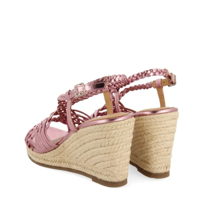 PINK LEATHER SANDALS WITH STRAPS AND HIGH JUTE WEDGE FOR WOMEN GLIDE