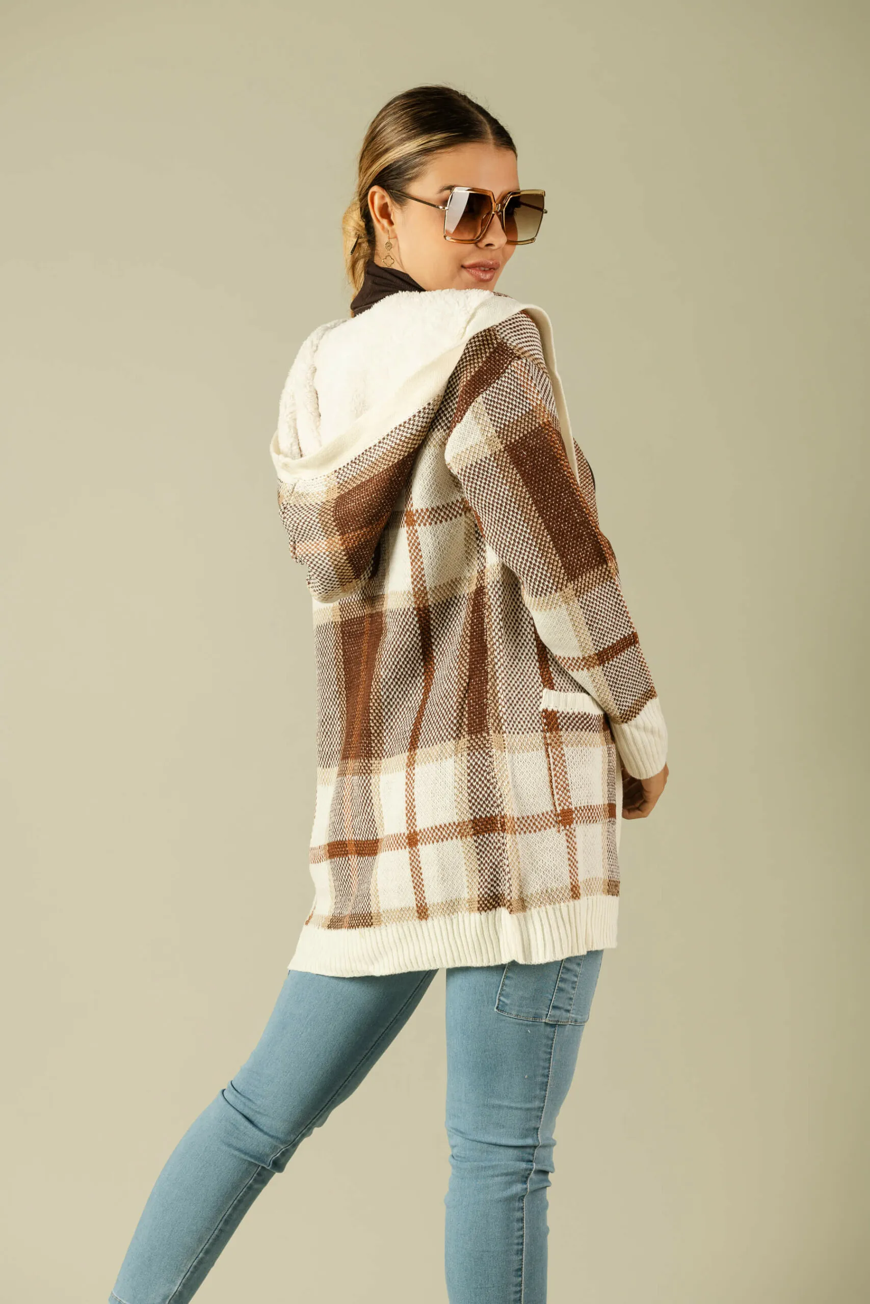 Plaid hooded cardigan