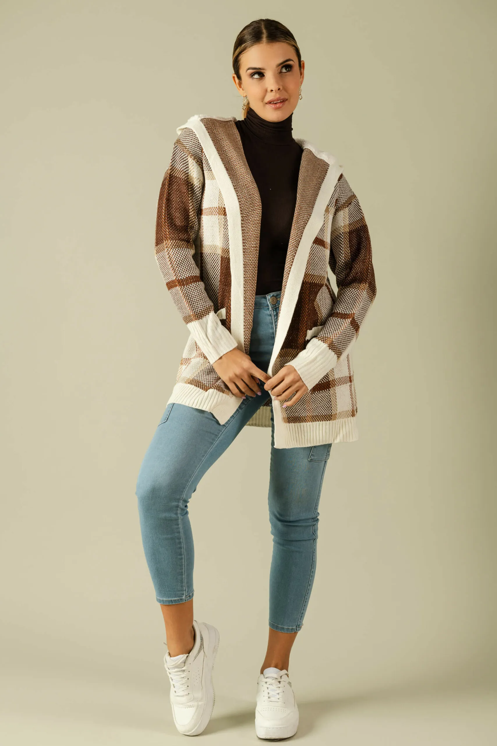 Plaid hooded cardigan