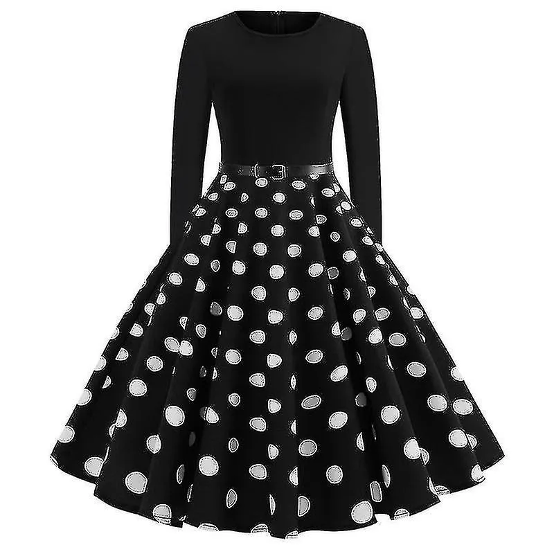 Retro Long Sleeve Polka Dot Rockabilly Dress for Cocktail Party - Women's Crew Neck 50s 60s Style