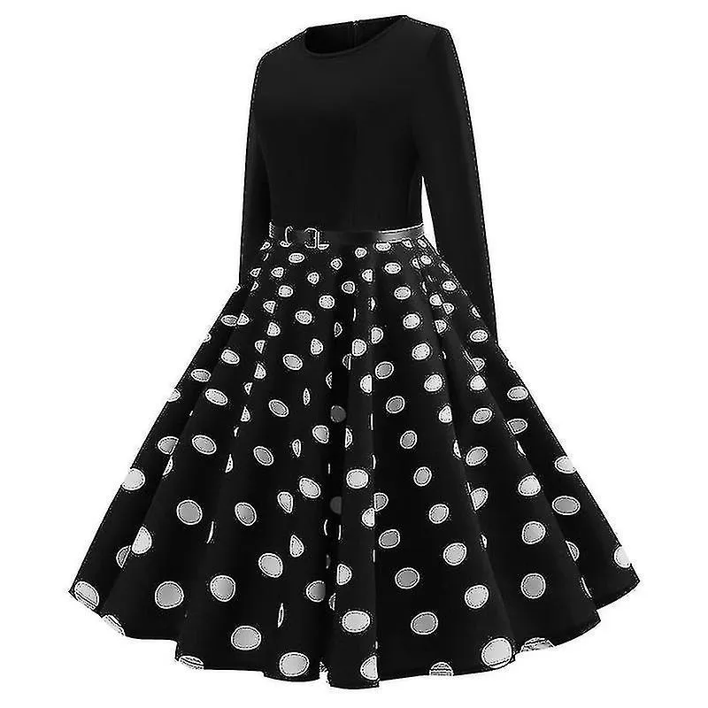 Retro Long Sleeve Polka Dot Rockabilly Dress for Cocktail Party - Women's Crew Neck 50s 60s Style