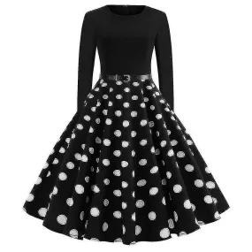 Retro Long Sleeve Polka Dot Rockabilly Dress for Cocktail Party - Women's Crew Neck 50s 60s Style