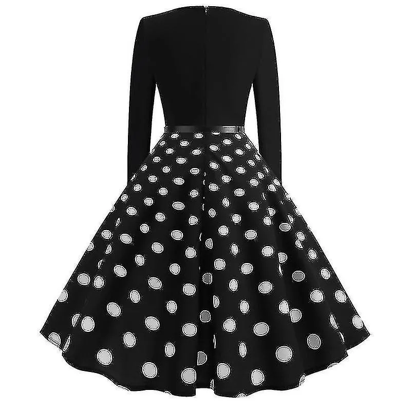 Retro Long Sleeve Polka Dot Rockabilly Dress for Cocktail Party - Women's Crew Neck 50s 60s Style