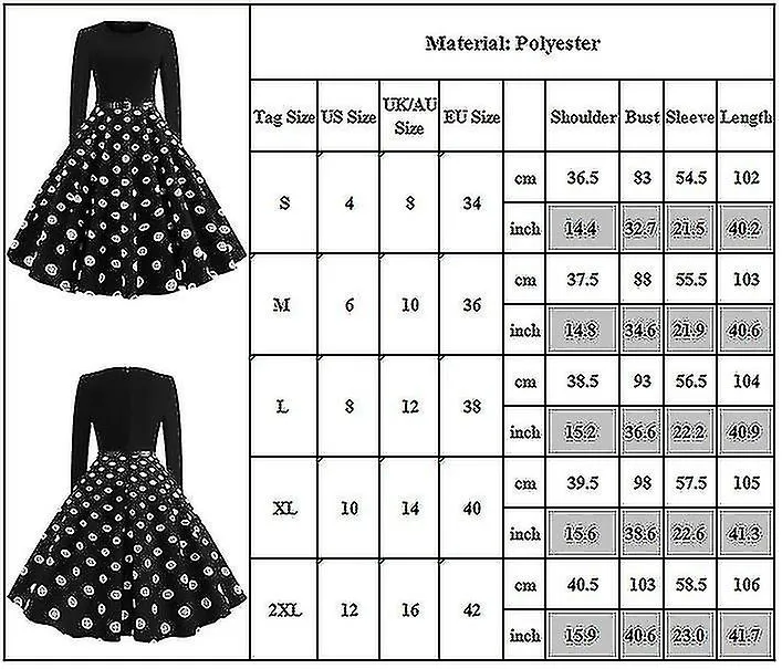 Retro Long Sleeve Polka Dot Rockabilly Dress for Cocktail Party - Women's Crew Neck 50s 60s Style