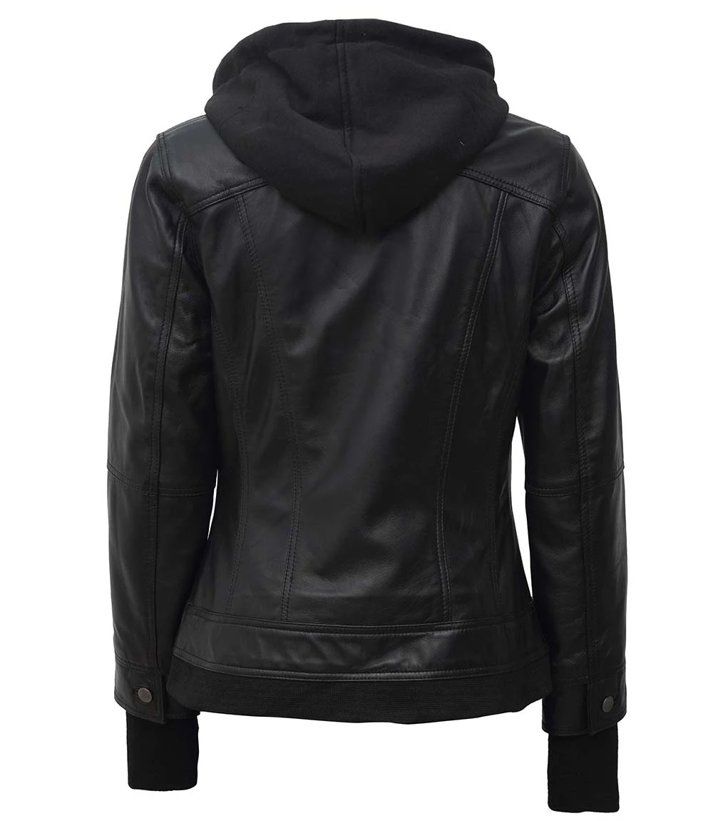 Tall Women Leather Jacket Black - Removable Hood