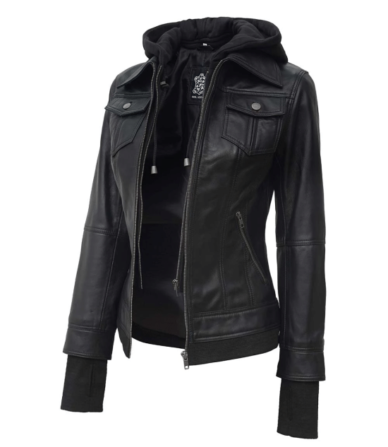 Tall Women Leather Jacket Black - Removable Hood