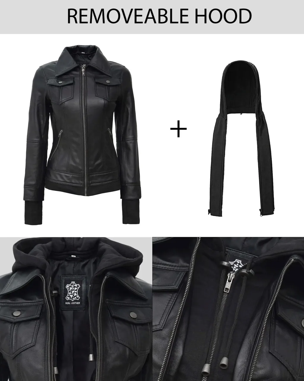 Tall Women Leather Jacket Black - Removable Hood