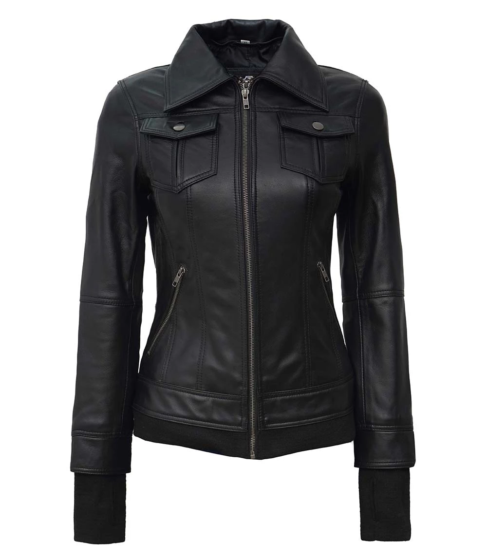 Tall Women Leather Jacket Black - Removable Hood