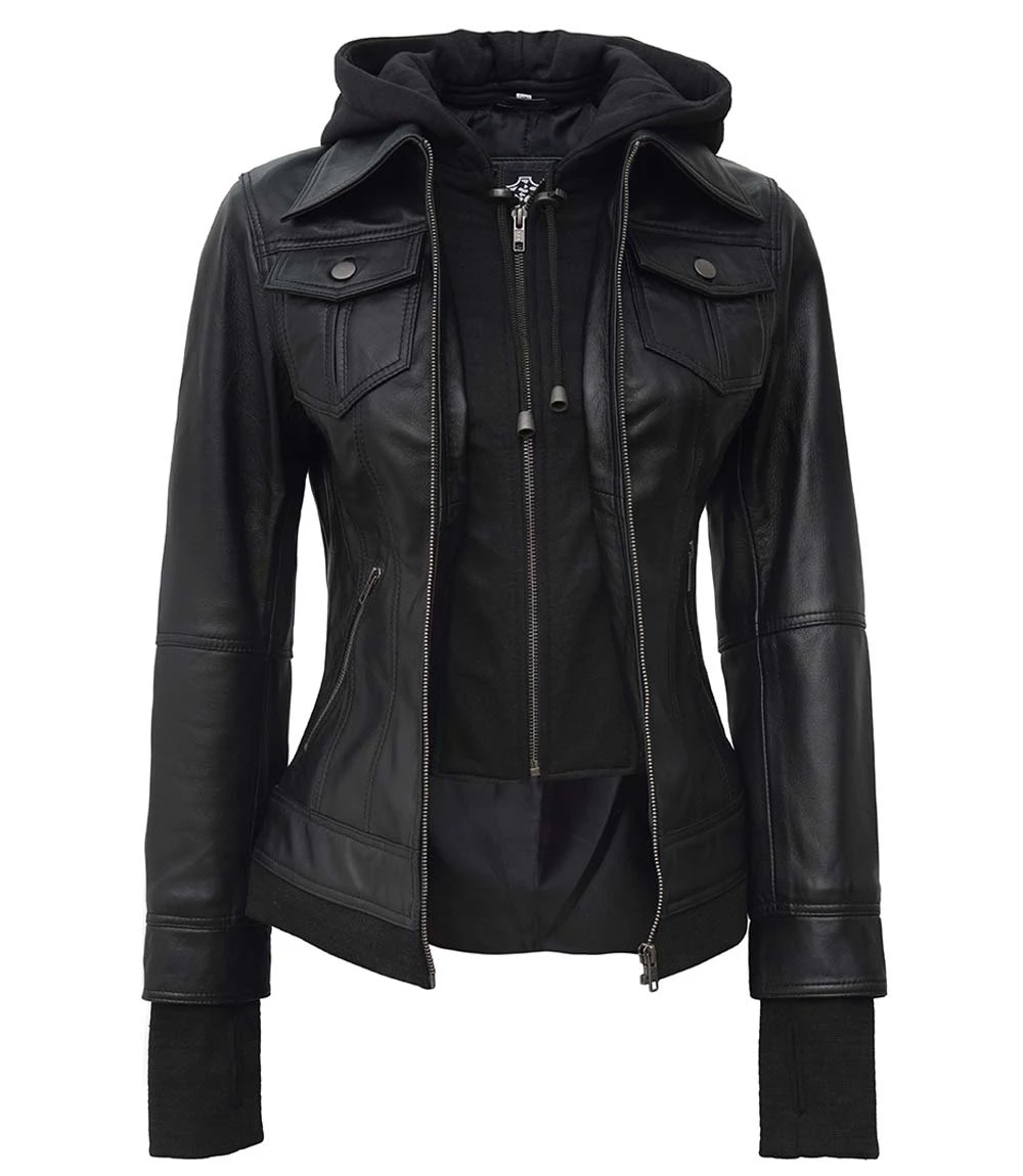 Tall Women Leather Jacket Black - Removable Hood