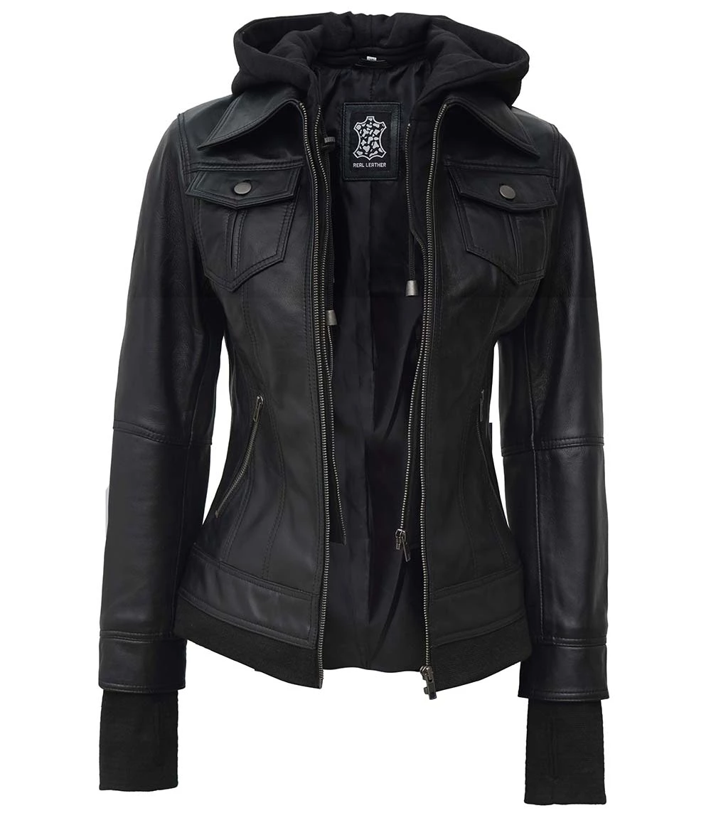 Tall Women Leather Jacket Black - Removable Hood