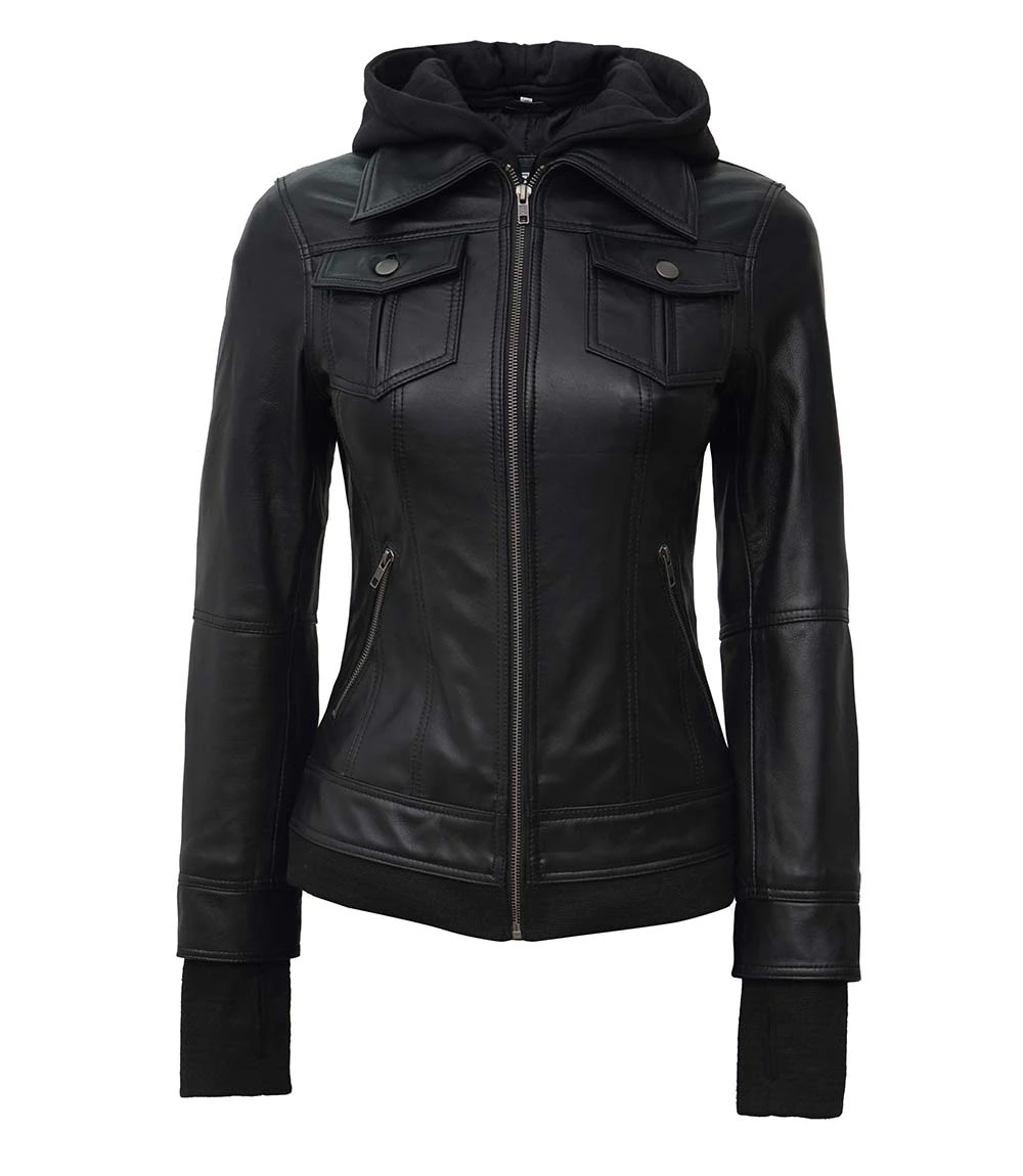 Tall Women Leather Jacket Black - Removable Hood