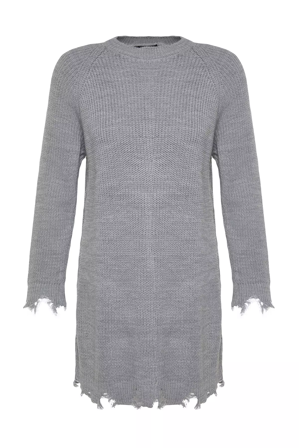 Trendyol Gray Mini Knitwear Dress with Flow Detail and Raglan Sleeves